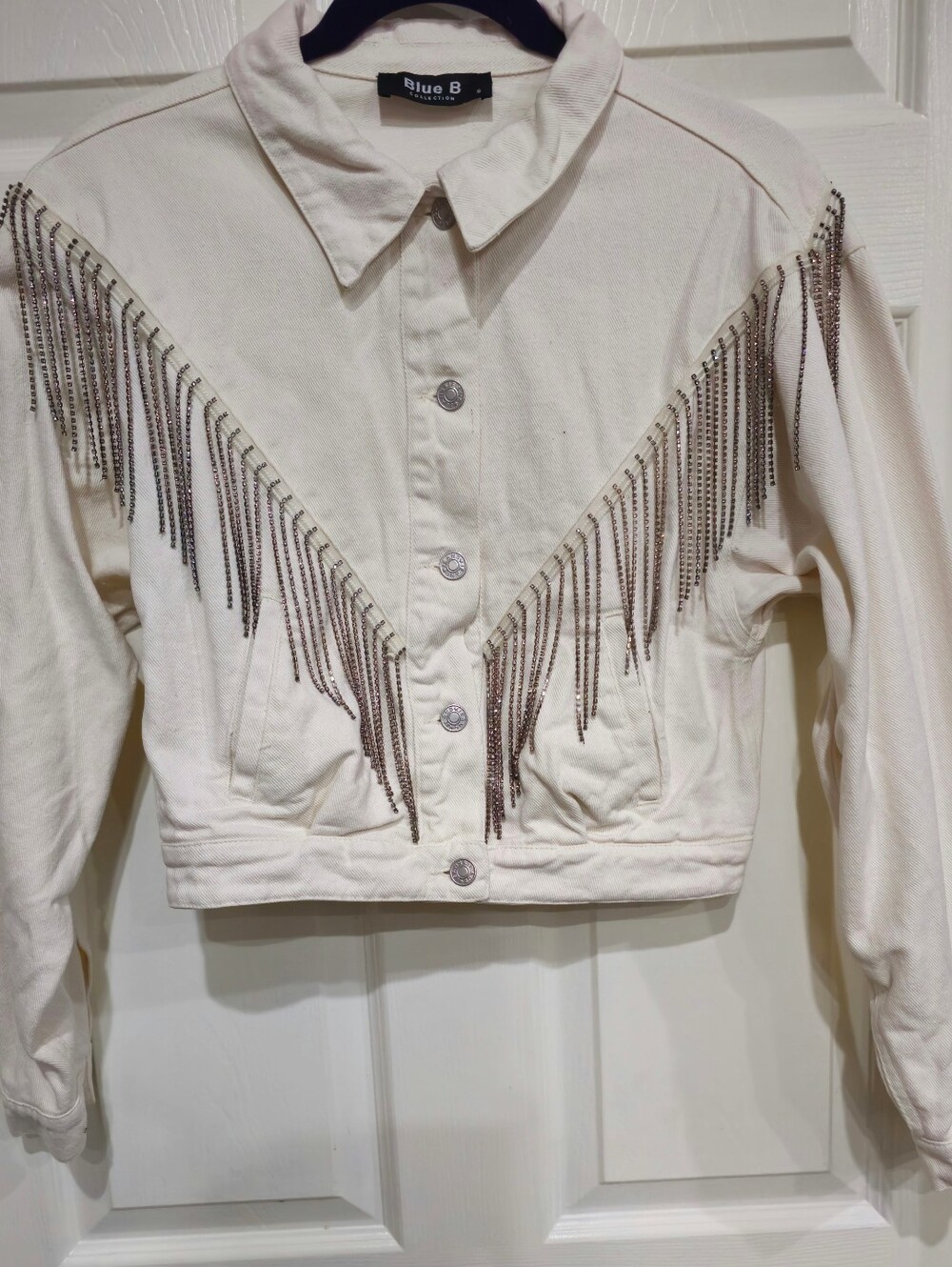 Blue B Cream Fringe Crop Jean Jacket